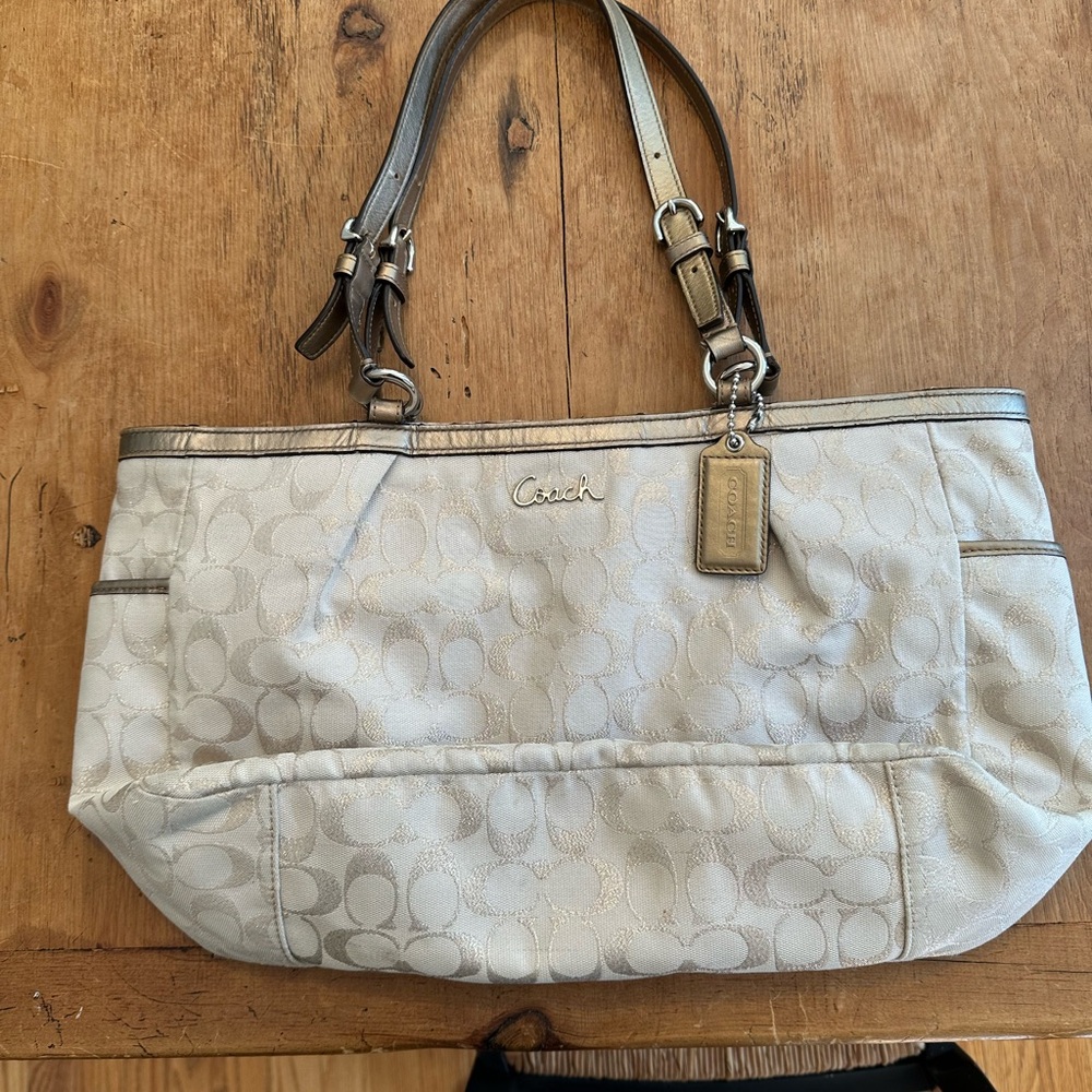 Coach White and Silver Signature Shoulder Bag